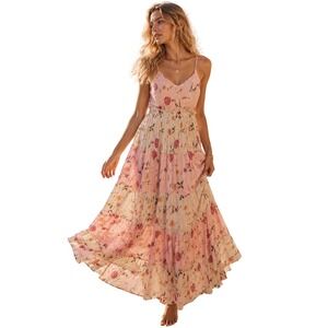 Raga Flores Tiered Sleeveless Maxi Dress Pink Floral Medium NWT